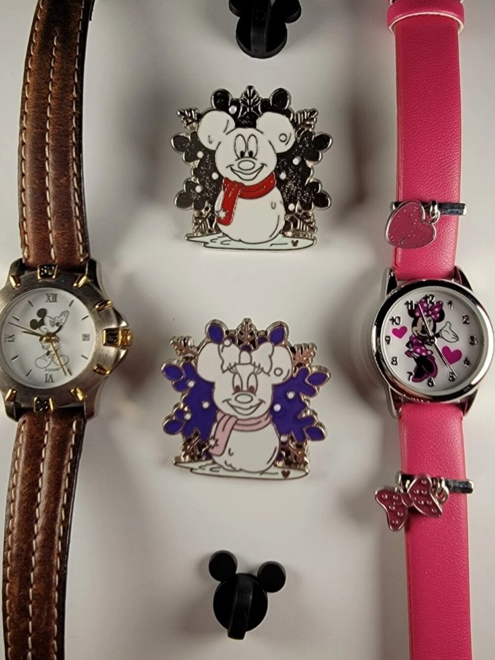 Disney Mickey & Minnie Mouse Watch + Snowflake Trading Pin Lot 4 Pieces